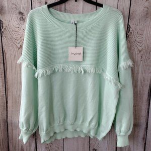 Grace + Karma | Mint Contrast Knit Balloon Sleeve Drop Shoulder Sweater w/Fringe